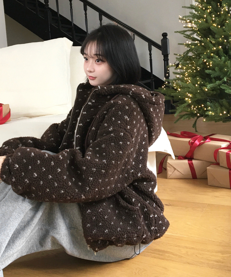 미찌 누빔 안감 도트 뽀글이 스트링 후드 집업 점퍼