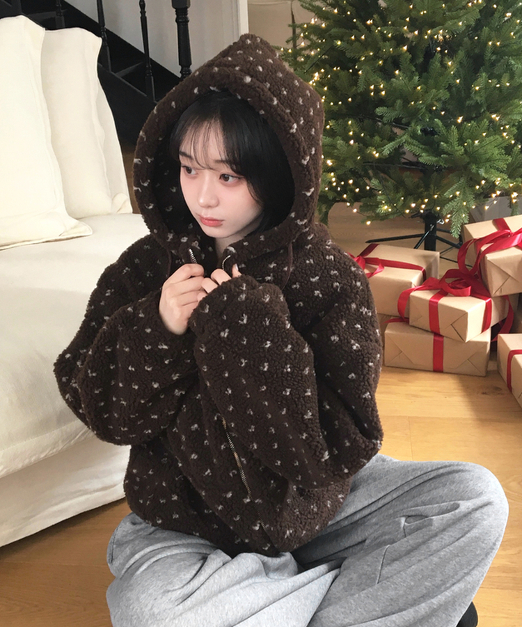 미찌 누빔 안감 도트 뽀글이 스트링 후드 집업 점퍼