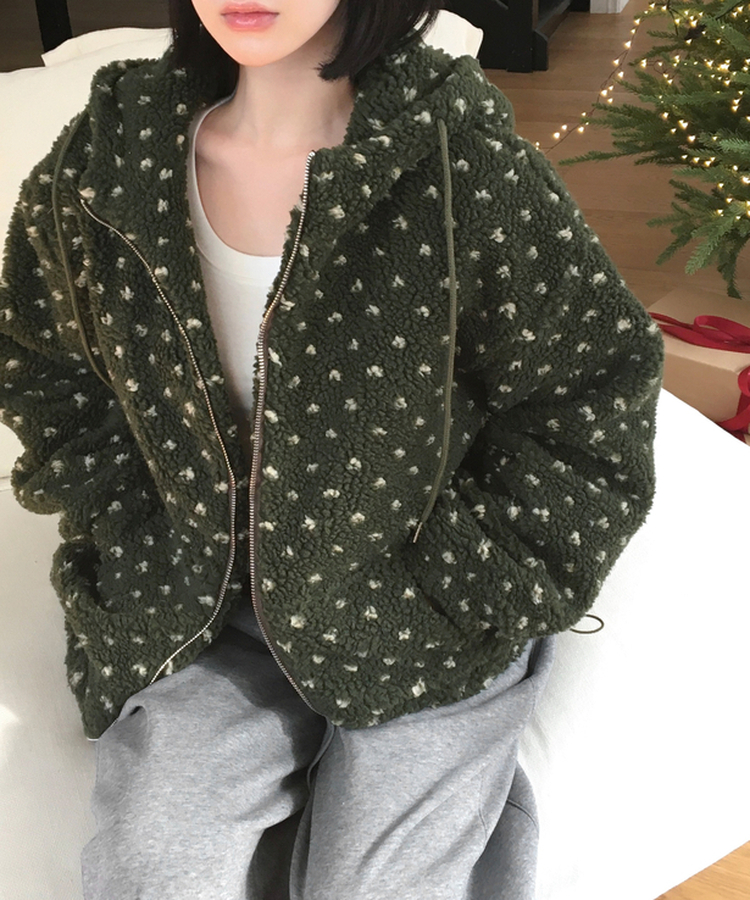 미찌 누빔 안감 도트 뽀글이 스트링 후드 집업 점퍼