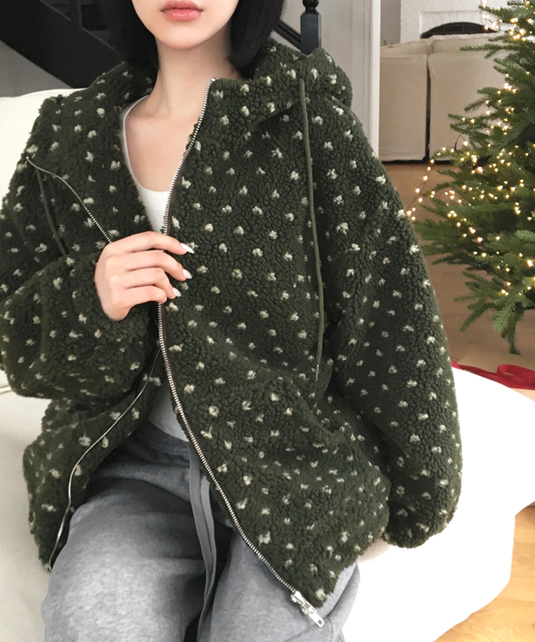 미찌 누빔 안감 도트 뽀글이 스트링 후드 집업 점퍼