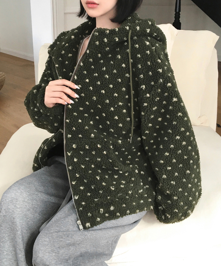 미찌 누빔 안감 도트 뽀글이 스트링 후드 집업 점퍼