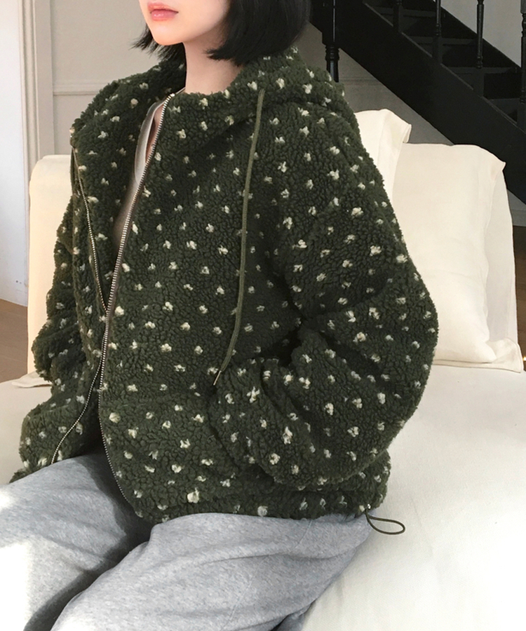 미찌 누빔 안감 도트 뽀글이 스트링 후드 집업 점퍼