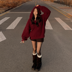 왕도톰폭닥 후드 오버핏 겨울 레드 와인니트 크리스마스 연말룩 빅사이즈 버건디