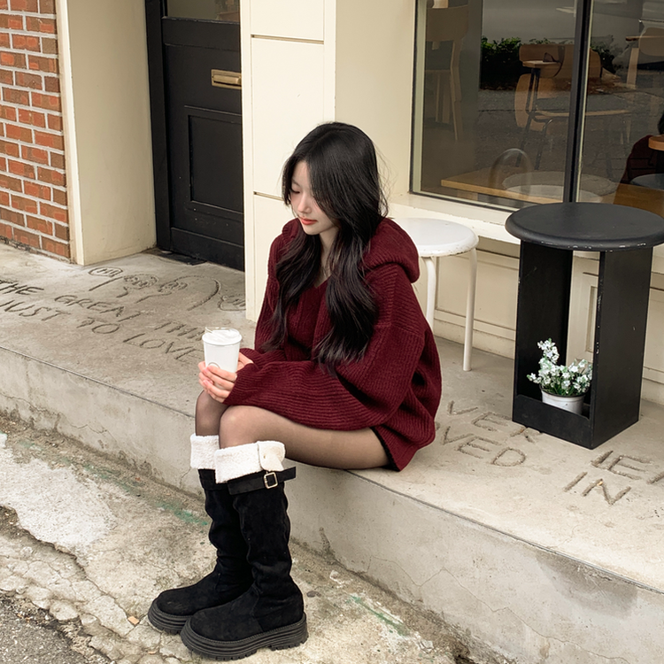 왕도톰폭닥 후드 오버핏 겨울 레드 와인니트 크리스마스 연말룩 빅사이즈 버건디