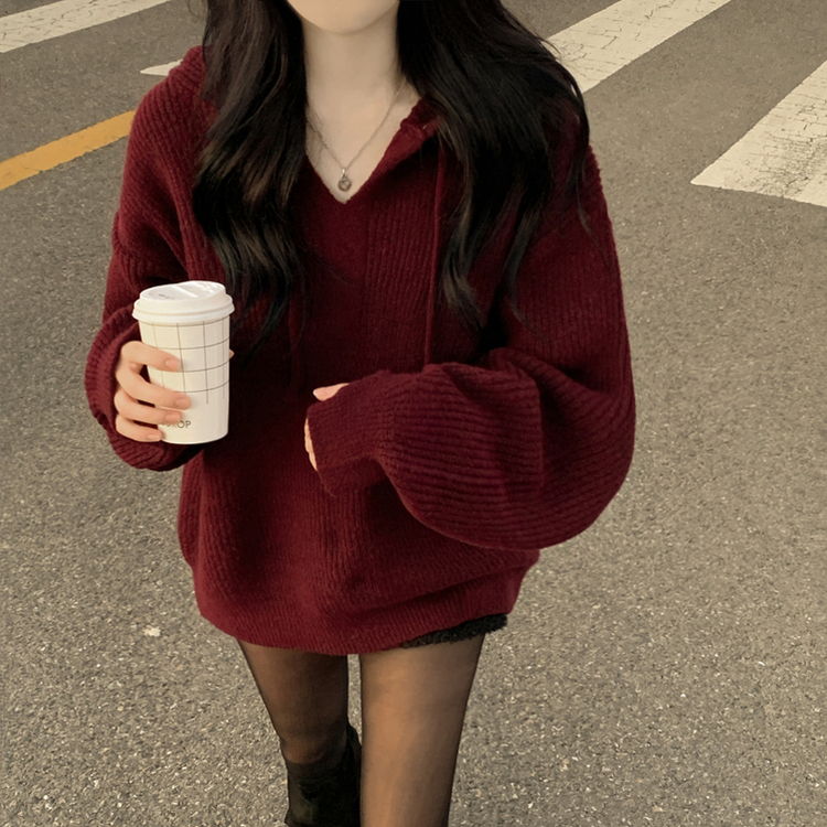 왕도톰폭닥 후드 오버핏 겨울 레드 와인니트 크리스마스 연말룩 빅사이즈 버건디