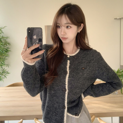 극강의 부드러움 바닐라 라운드 배색 루즈핏 버튼 긴팔 팬던트 겨울 와펜 여리핏 니트 가디건 차콜