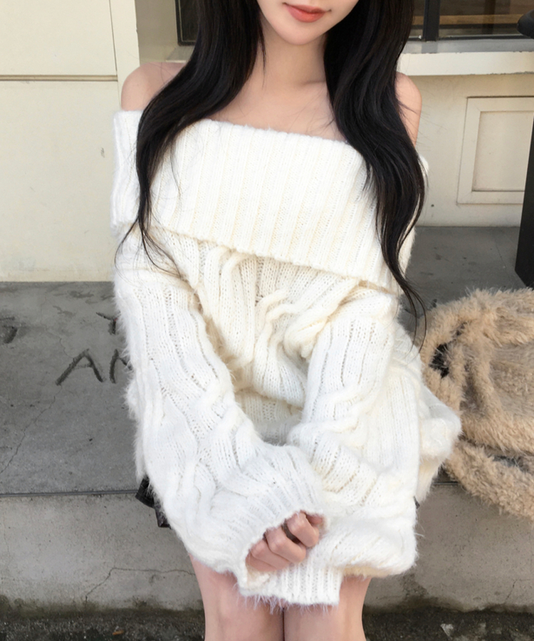 미츠 모헤어 케이블 꽈배기 여리핏 폭닥 도톰 오프숄더 니트 아이보리