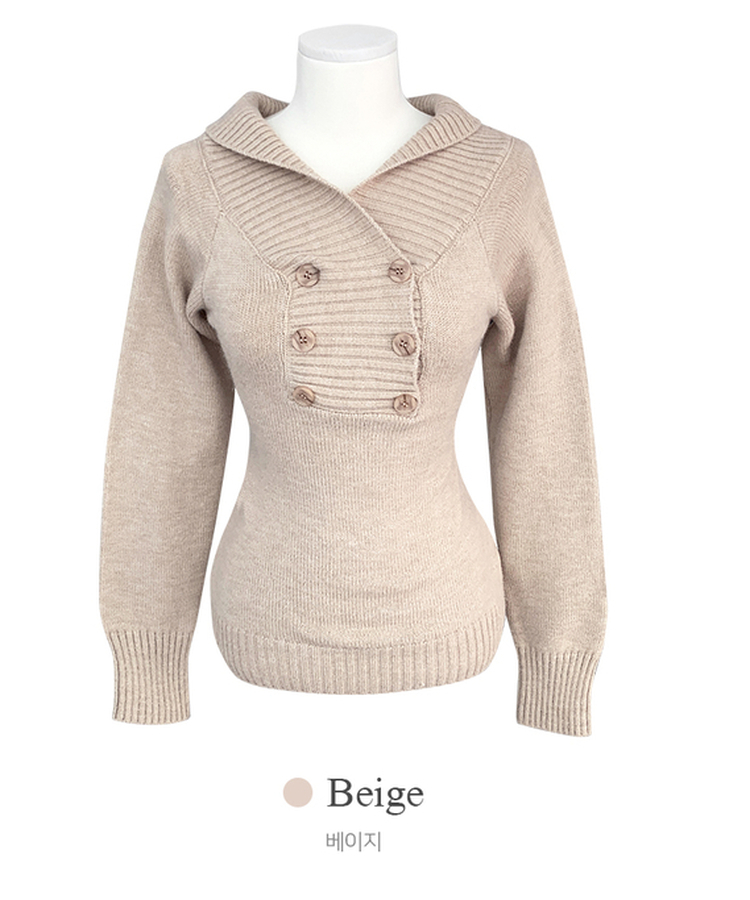 파넬 더블 버튼 오프숄더 슬림핏 긴팔 니트