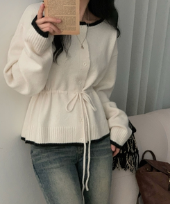 포니 배색 보트넥 허리스트링 울 니트가디건 아이보리
