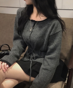 포니 배색 보트넥 허리스트링 울 니트가디건 차콜