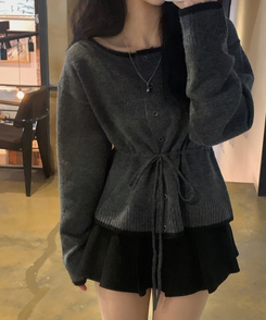 포니 배색 보트넥 허리스트링 울 니트가디건 차콜