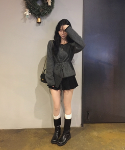 포니 배색 보트넥 허리스트링 울 니트가디건 차콜