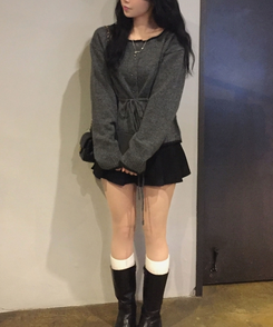 포니 배색 보트넥 허리스트링 울 니트가디건 차콜