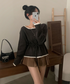 포니 배색 보트넥 허리스트링 울 니트가디건 브라운