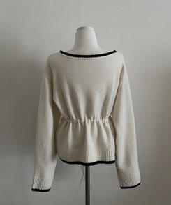 포니 배색 보트넥 허리스트링 울 니트가디건