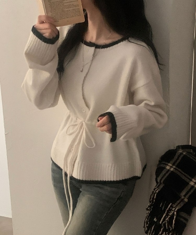 포니 배색 보트넥 허리스트링 울 니트가디건 아이보리