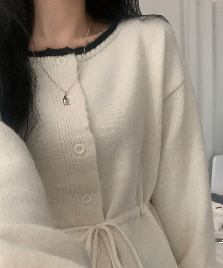 포니 배색 보트넥 허리스트링 울 니트가디건 아이보리