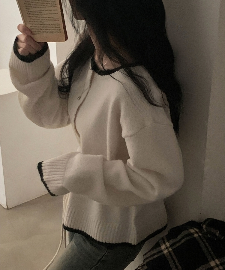 포니 배색 보트넥 허리스트링 울 니트가디건 아이보리