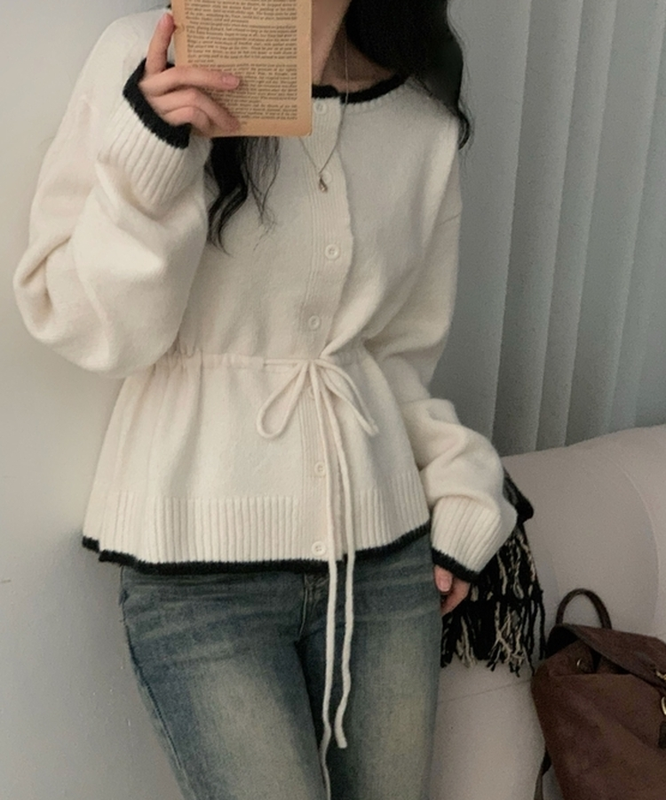 포니 배색 보트넥 허리스트링 울 니트가디건 아이보리