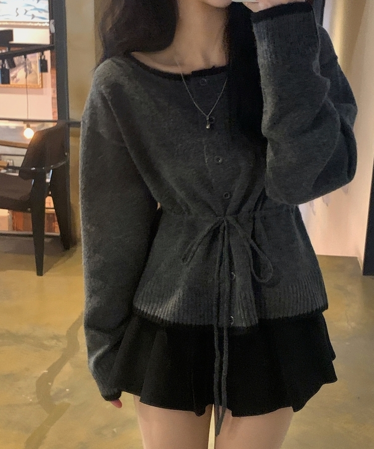 포니 배색 보트넥 허리스트링 울 니트가디건 차콜