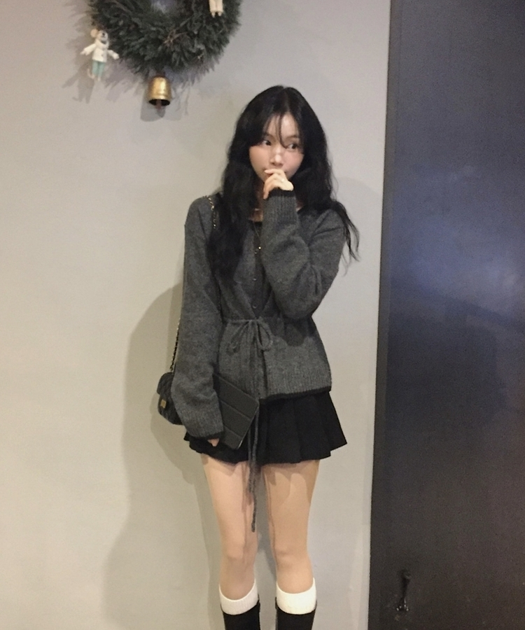 포니 배색 보트넥 허리스트링 울 니트가디건 차콜