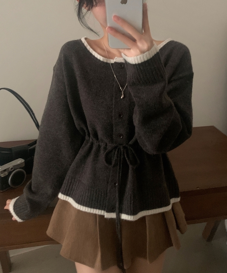 포니 배색 보트넥 허리스트링 울 니트가디건 브라운