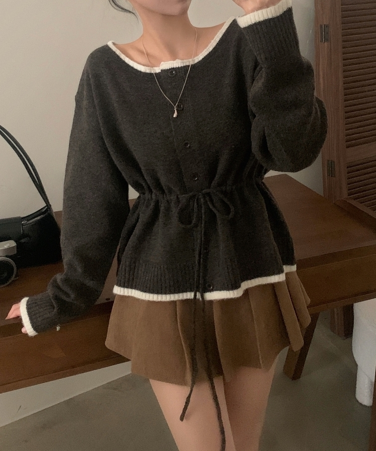 포니 배색 보트넥 허리스트링 울 니트가디건 브라운