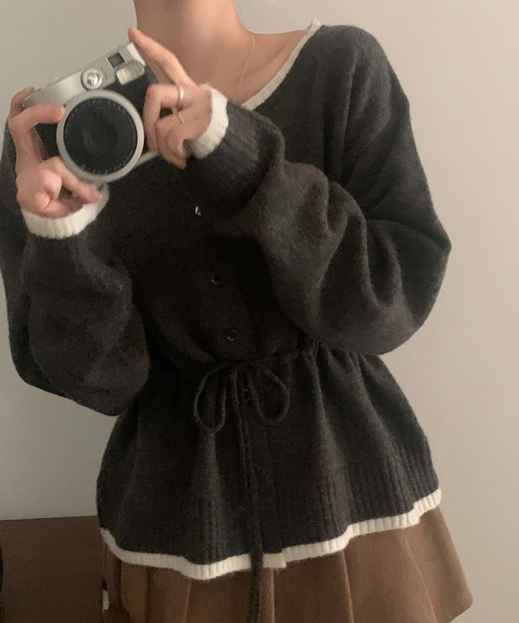 포니 배색 보트넥 허리스트링 울 니트가디건 브라운