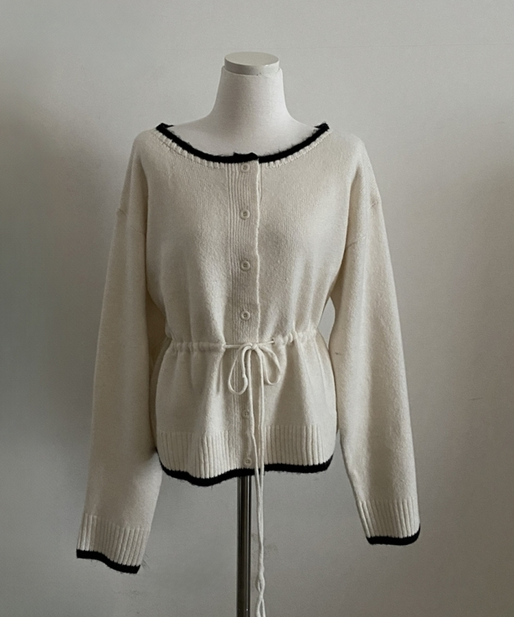 포니 배색 보트넥 허리스트링 울 니트가디건