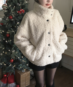 체코 양털 퍼 스웨이드 안감 무스탕 하이넥 카라 버튼 숏 코트 아이보리