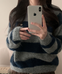 바론 모헤어 단가라 스트라이프 소프트울 펜던트 라운드 니트 블루