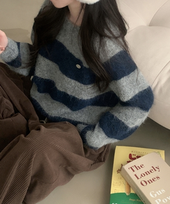 바론 모헤어 단가라 스트라이프 소프트울 펜던트 라운드 니트 블루