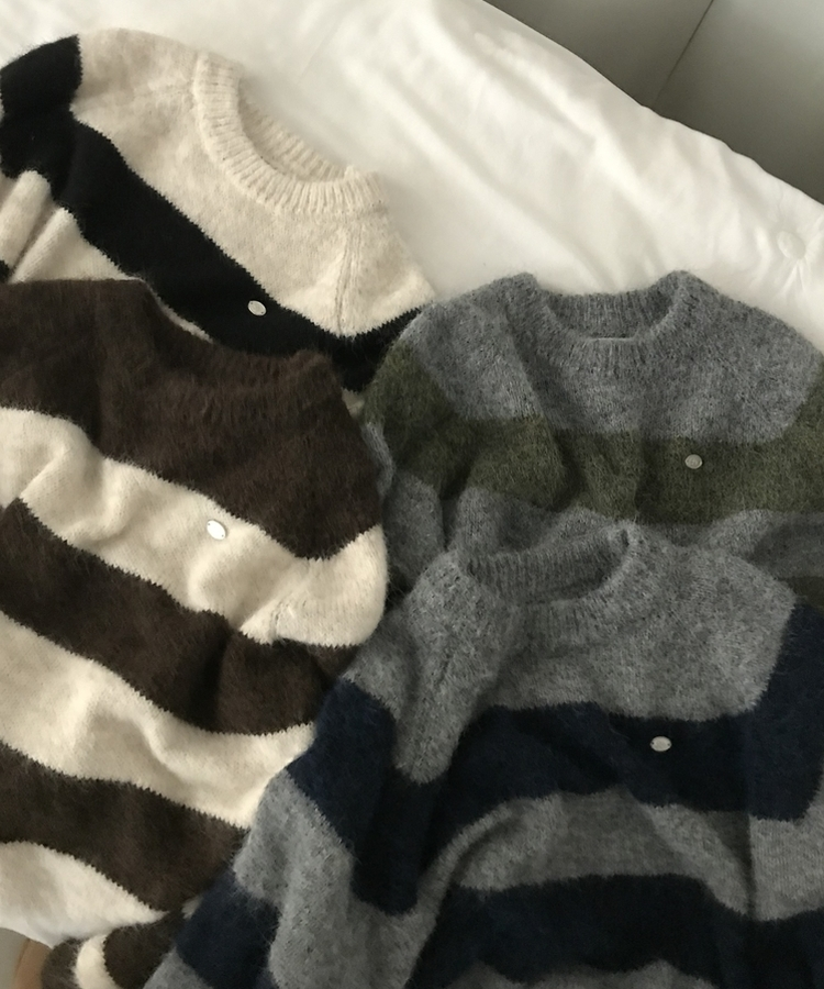 바론 모헤어 단가라 스트라이프 소프트울 펜던트 라운드 니트