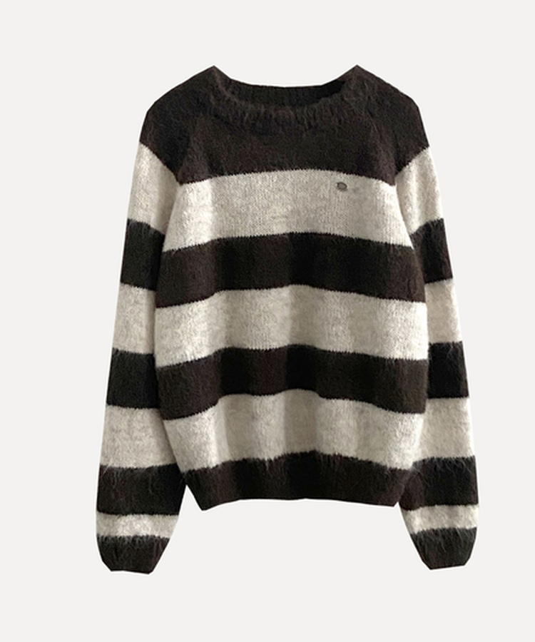 바론 모헤어 단가라 스트라이프 소프트울 펜던트 라운드 니트