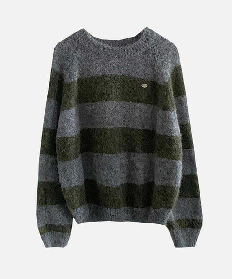 바론 모헤어 단가라 스트라이프 소프트울 펜던트 라운드 니트