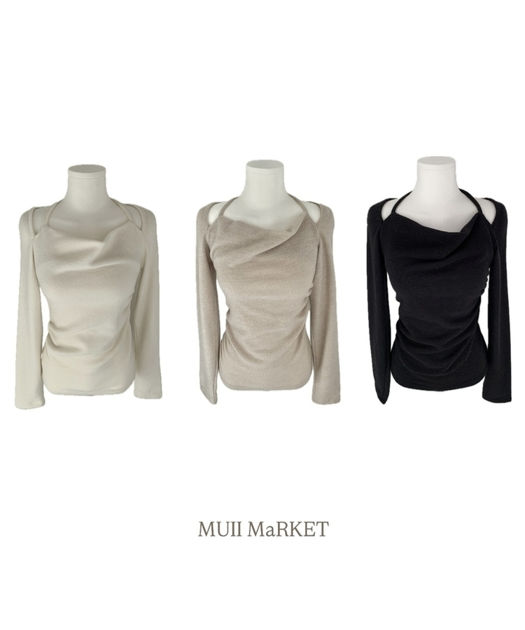 수지 홀터넥 드레이프 옆셔링 기모 니트 티셔츠