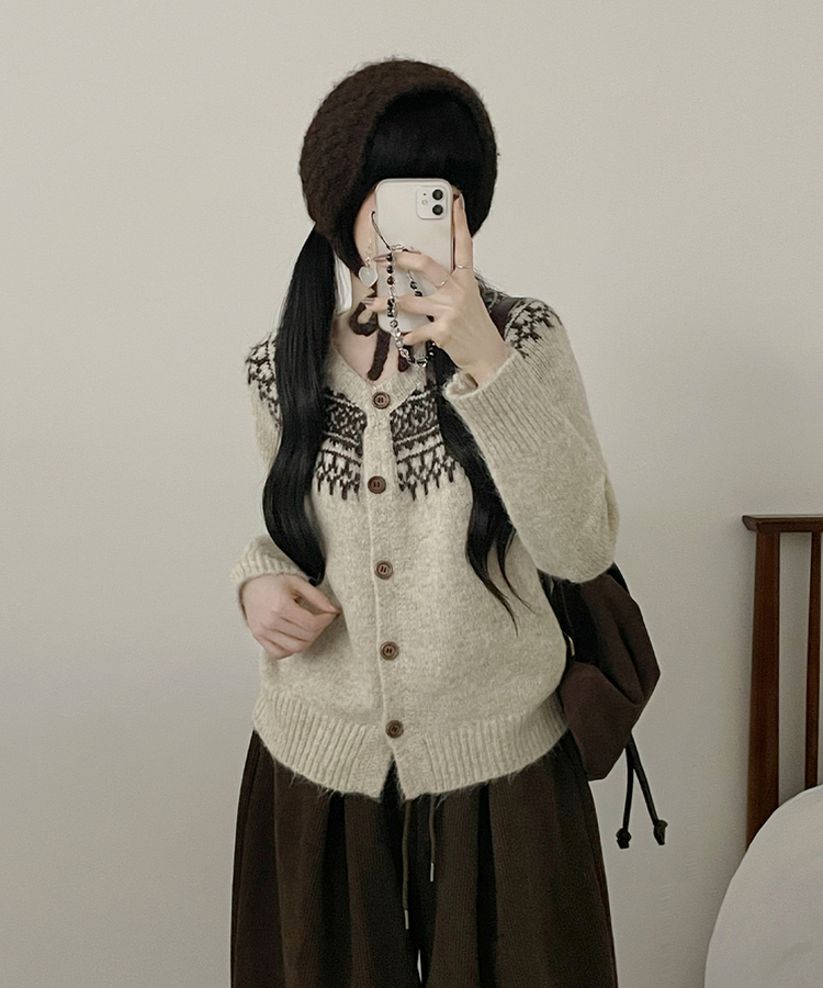 우디노르딕패턴라운드루즈핏울니트가디건