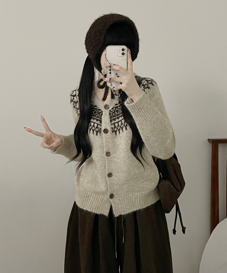 우디노르딕패턴라운드루즈핏울니트가디건