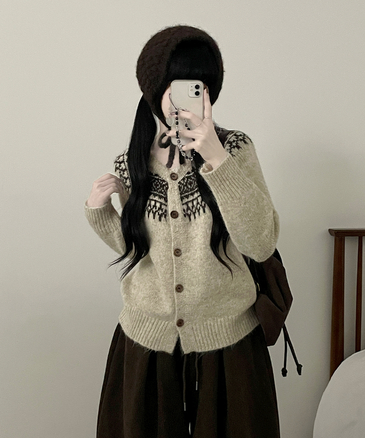 우디노르딕패턴라운드루즈핏울니트가디건