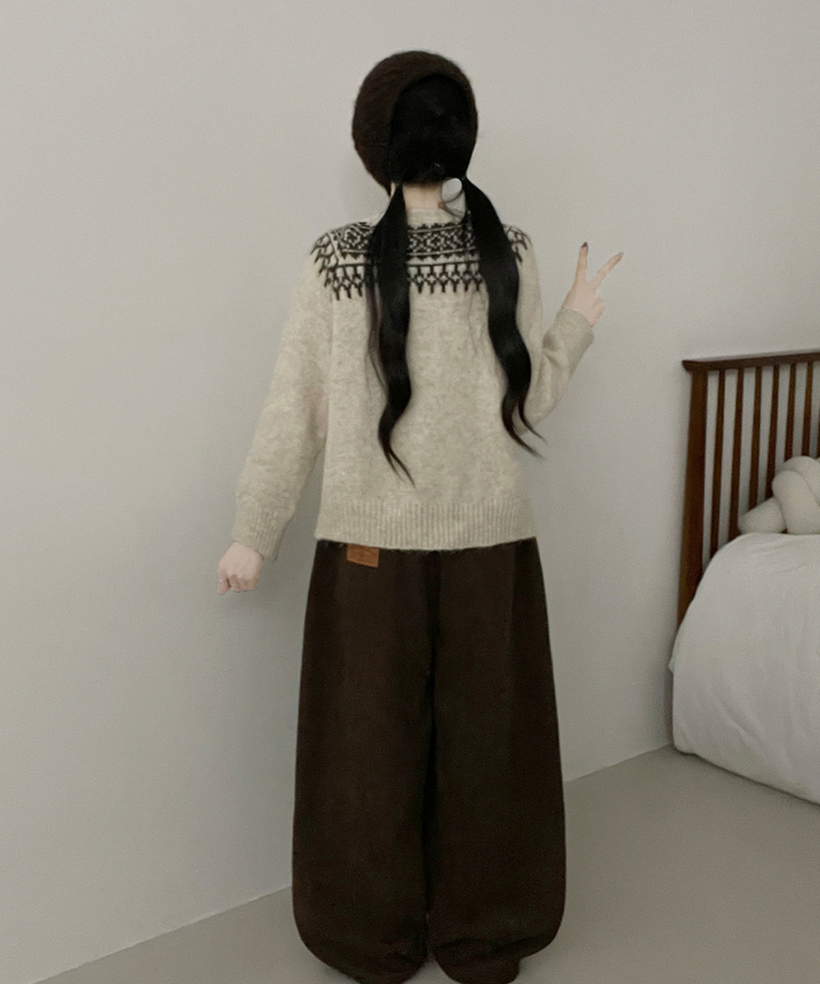 우디노르딕패턴라운드루즈핏울니트가디건