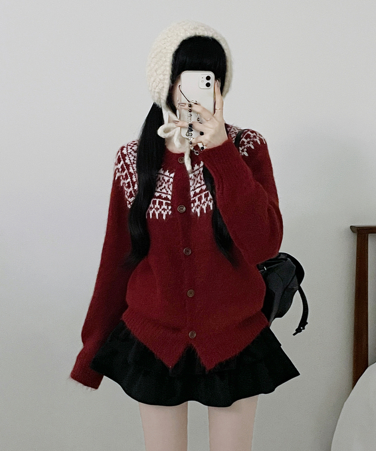 우디노르딕패턴라운드루즈핏울니트가디건