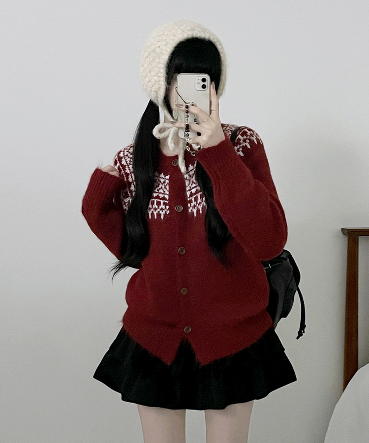 우디노르딕패턴라운드루즈핏울니트가디건