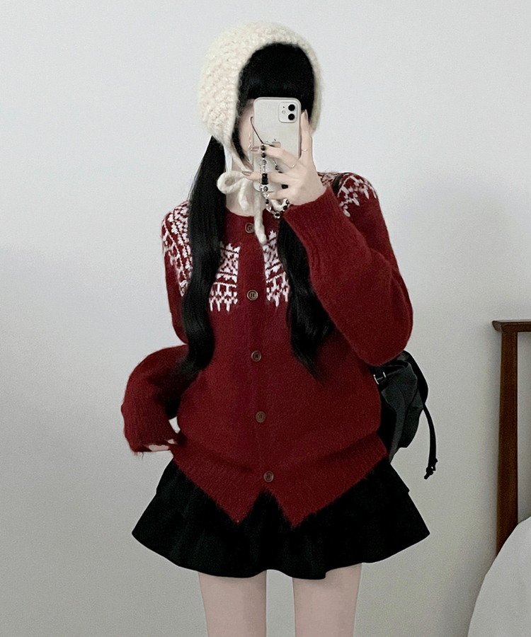 우디노르딕패턴라운드루즈핏울니트가디건