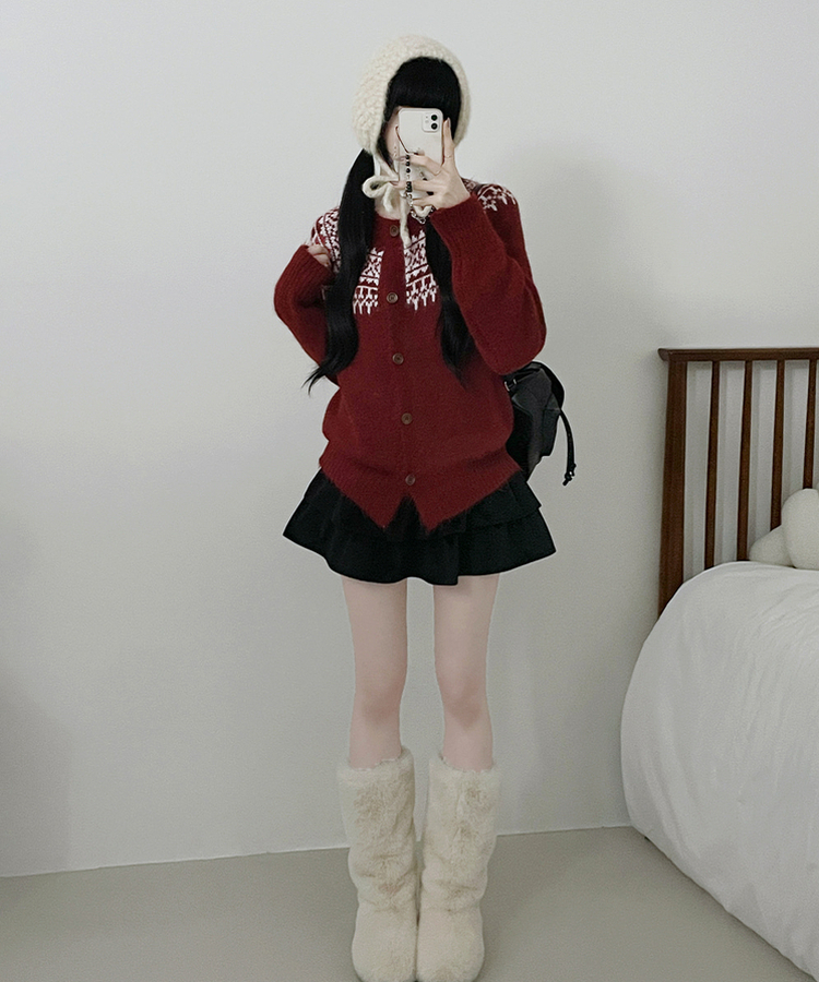 우디노르딕패턴라운드루즈핏울니트가디건