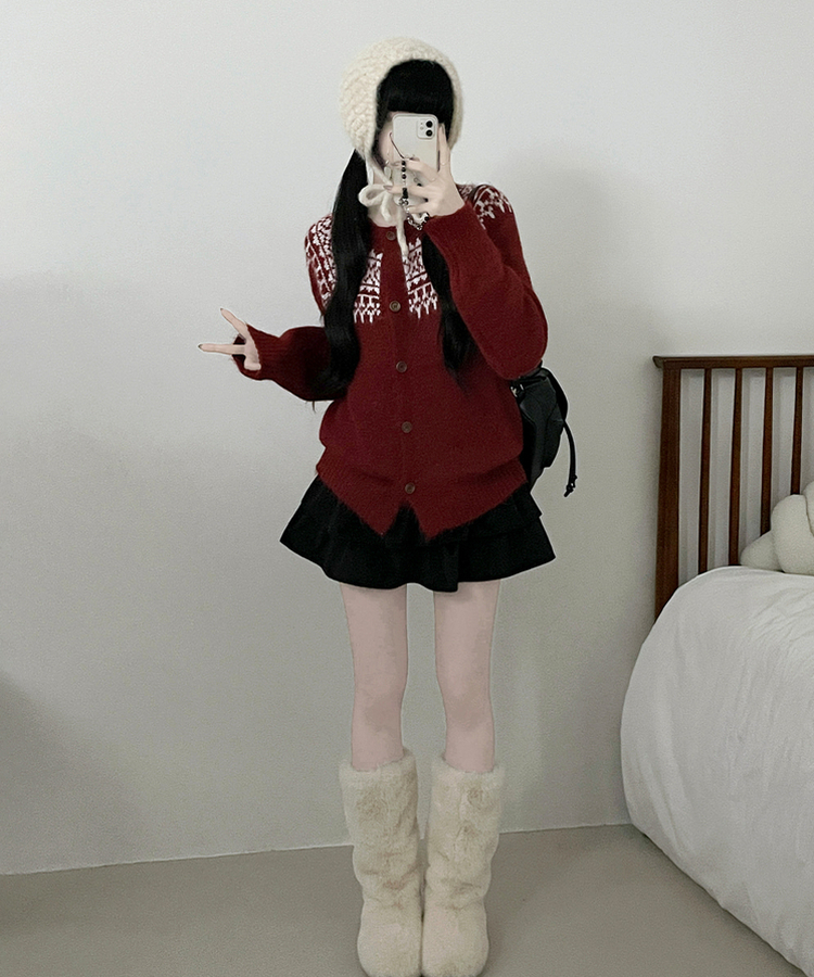 우디노르딕패턴라운드루즈핏울니트가디건