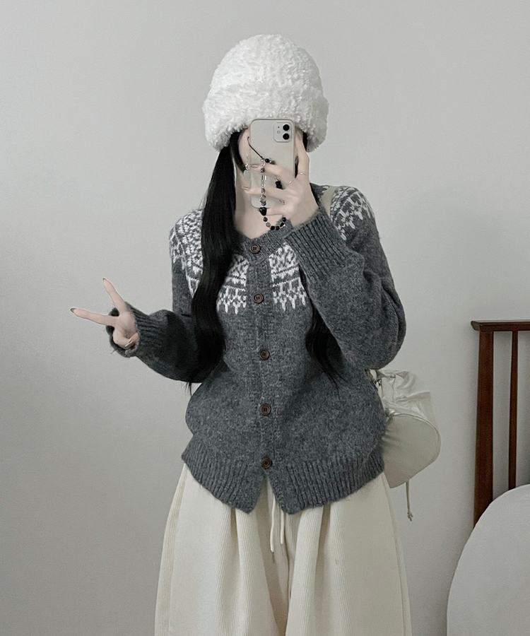 우디노르딕패턴라운드루즈핏울니트가디건