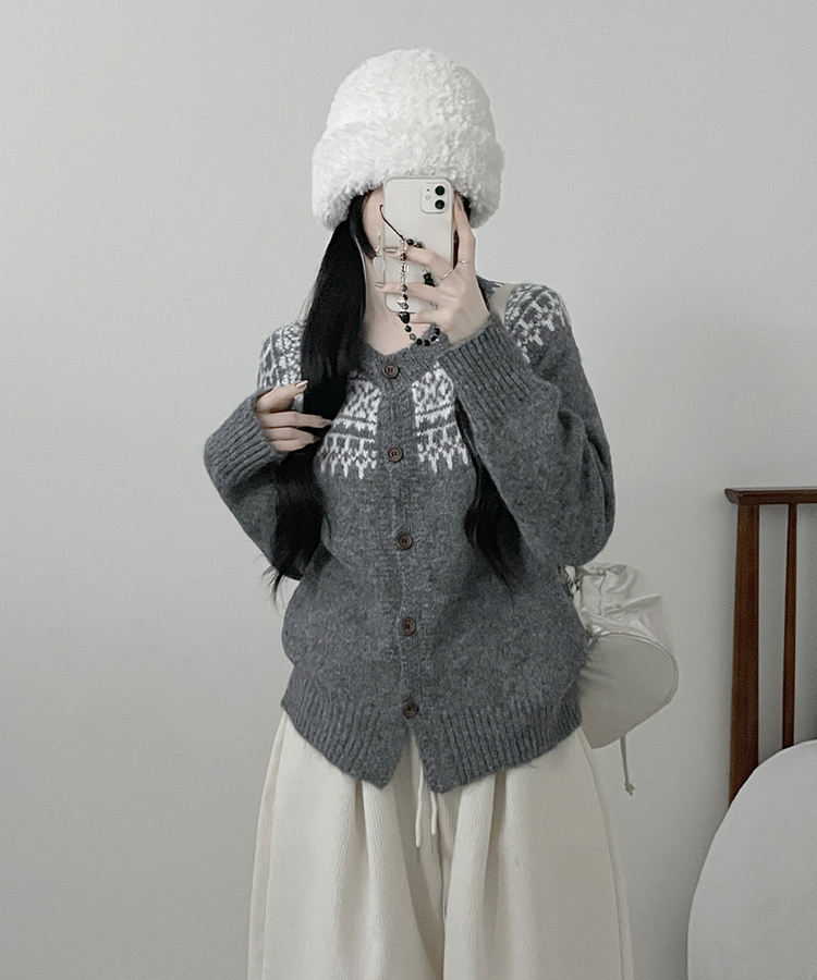 우디노르딕패턴라운드루즈핏울니트가디건