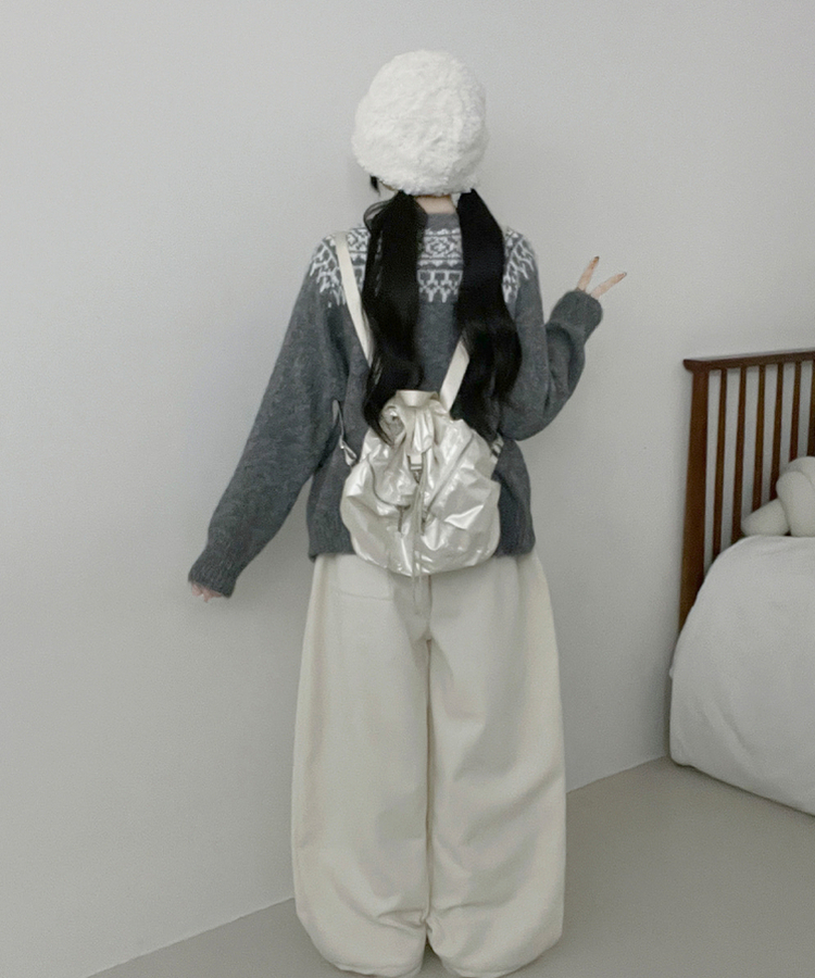 우디노르딕패턴라운드루즈핏울니트가디건