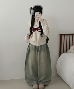 빅리본배색라운드세미크롭긴팔울니트 베이지