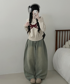 빅리본배색라운드세미크롭긴팔울니트 베이지